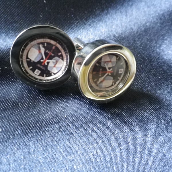Retro watchface cufflinks, white & red hands, free shipping, gift wrapped