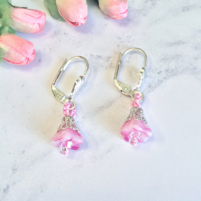 Summer Seconds - Mini Pink and Silver Beaded Lace Flower Dangle Earrings