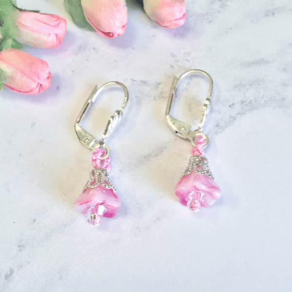 Summer Seconds - Mini Pink and Silver Beaded Lace Flower Dangle Earrings