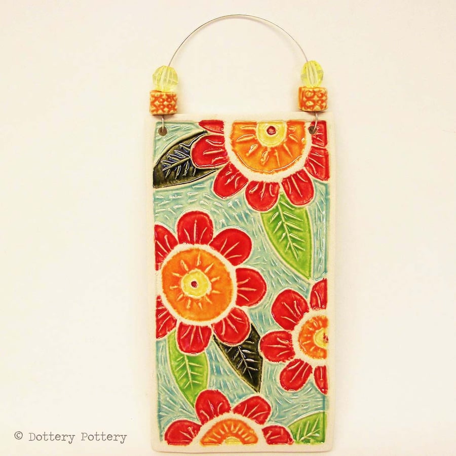 Ceramic wall plaque Pottery Tile Flower design lino cut