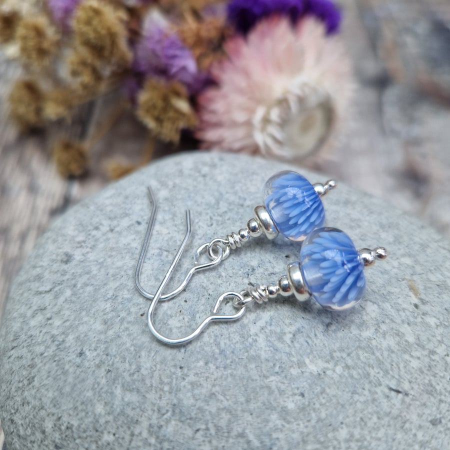 Sterling Silver Blue Anemone Flower Lampwork Earrings