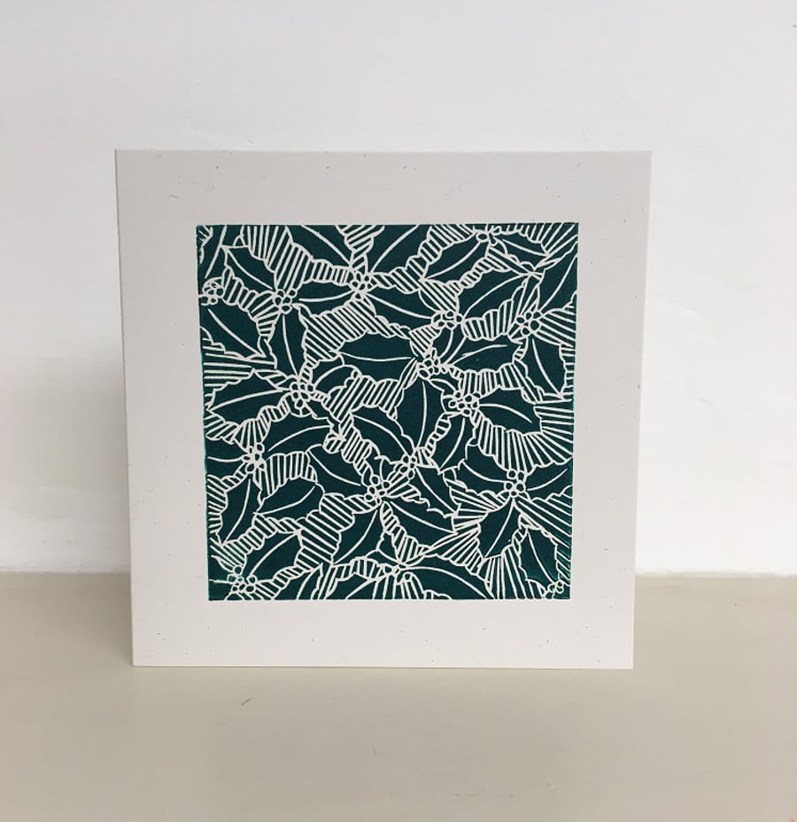 Holly linocut Christmas card Green, hand printed
