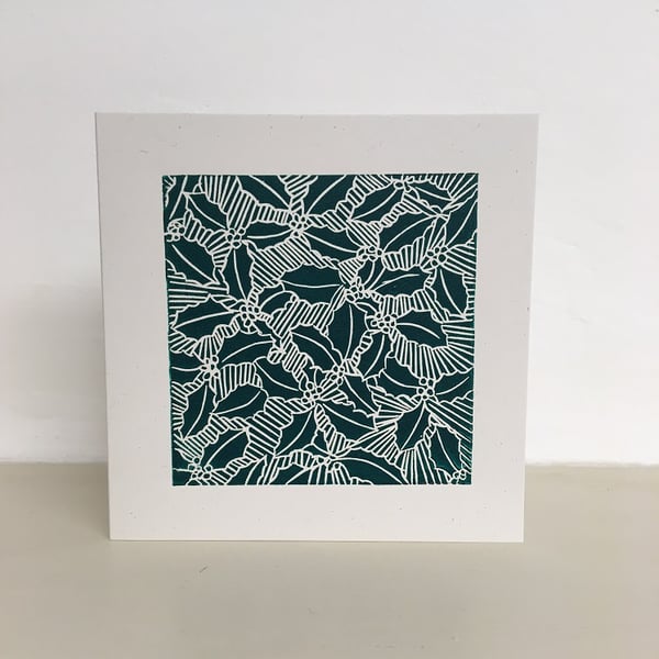 Holly linocut Christmas card Green, hand printed