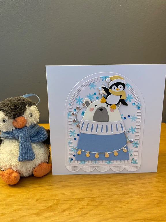 Handmade Christmas Wishes Card – Modern Bear & Penguin Christmas Card