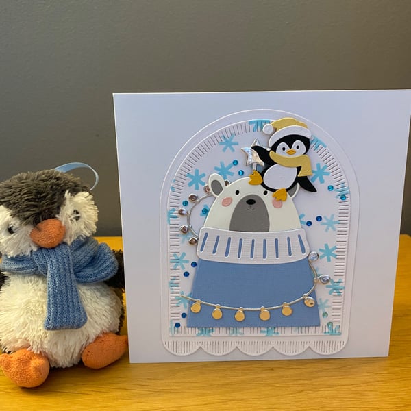 Handmade Christmas Wishes Card – Modern Bear & Penguin Christmas Card