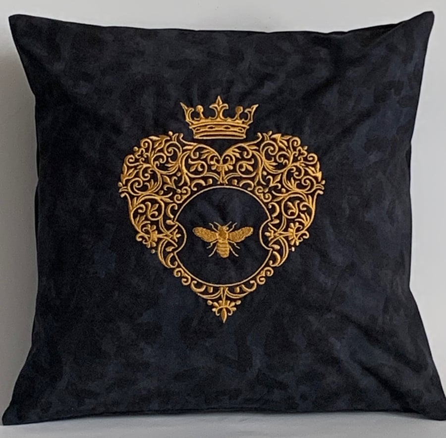 Ornate Gold Bee & Heart Embroidered Cushion Cover BLACK 