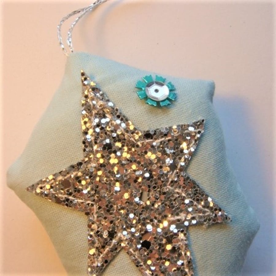 Christmas Tree Decorations twinkle star ice blue glitter fabric