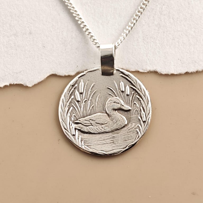 Duck Engraved Sterling Silver Coin Necklace