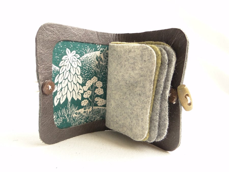 Needle Case - Brown Leather - Woodland Fabric - Needle Book - Sewing Gift