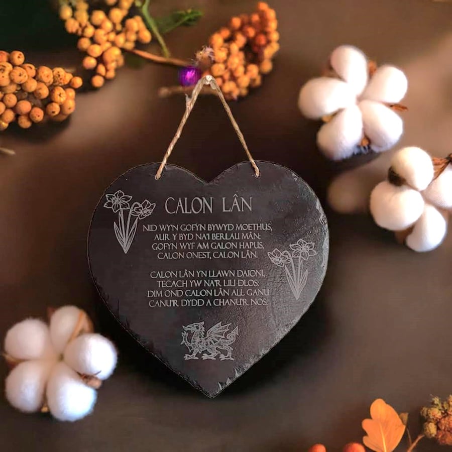 Engraved Slate Heart - Calon Lan Welsh Hymn Design
