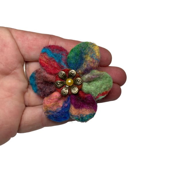 Flower Brooch, hand made multicoloured felt with rounded petals
