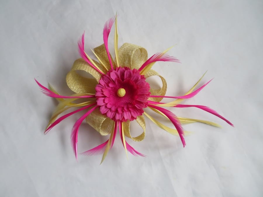 Small Primrose Yellow Lemon and Fuchsia Hot Pink Sinamay Loop and Feather Clip
