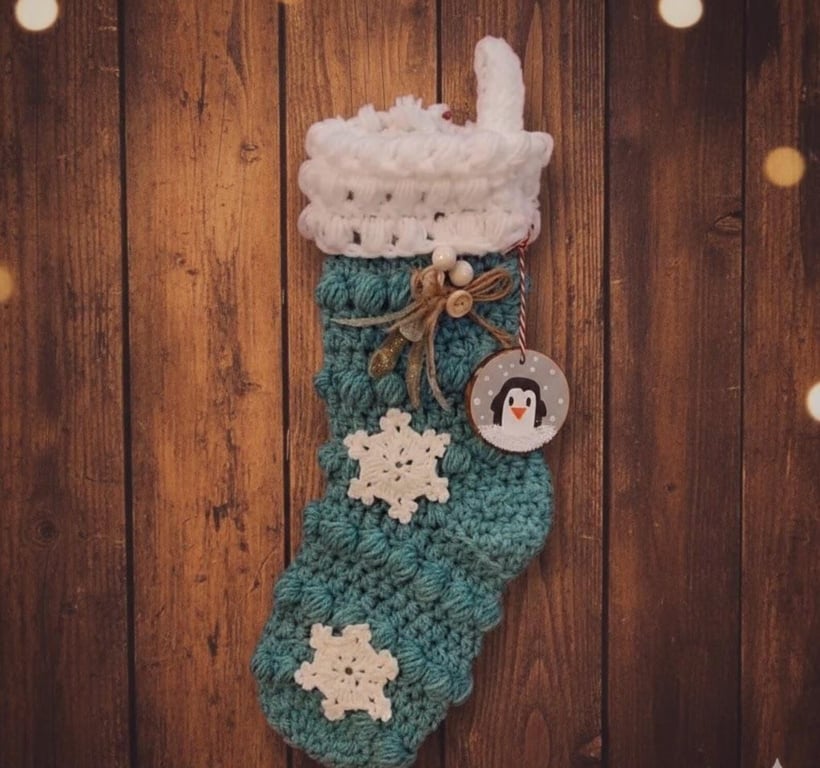 Teal Crochet Christmas Stocking with Snowflakes and Penguin Tag