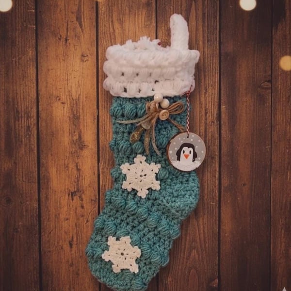 Teal Crochet Christmas Stocking with Snowflakes and Penguin Tag