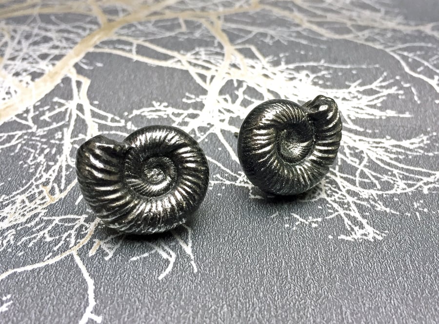 Pewter jewel enamel Ammonite fossil stud earrings with silver gilding wax