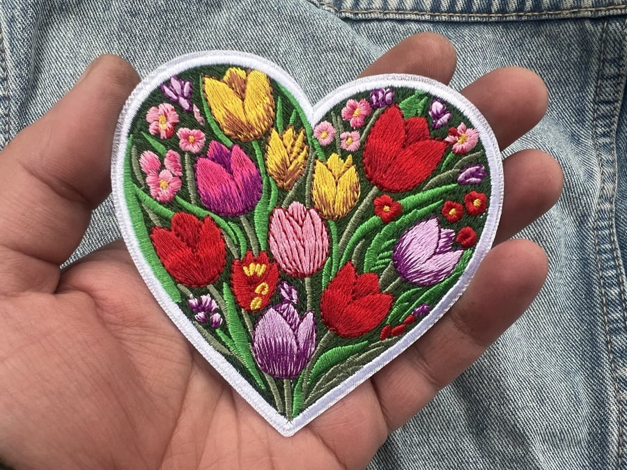 Tulip Love Heart Embroidered Patch Iron On Sew On Floral Badge