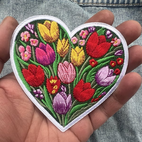 Tulip Love Heart Embroidered Patch Iron On Sew On Floral Badge