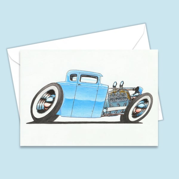 Blue Hot Rod Greetings Card - Car Lover Card - A6 Blank Card - Hand Drawn Art