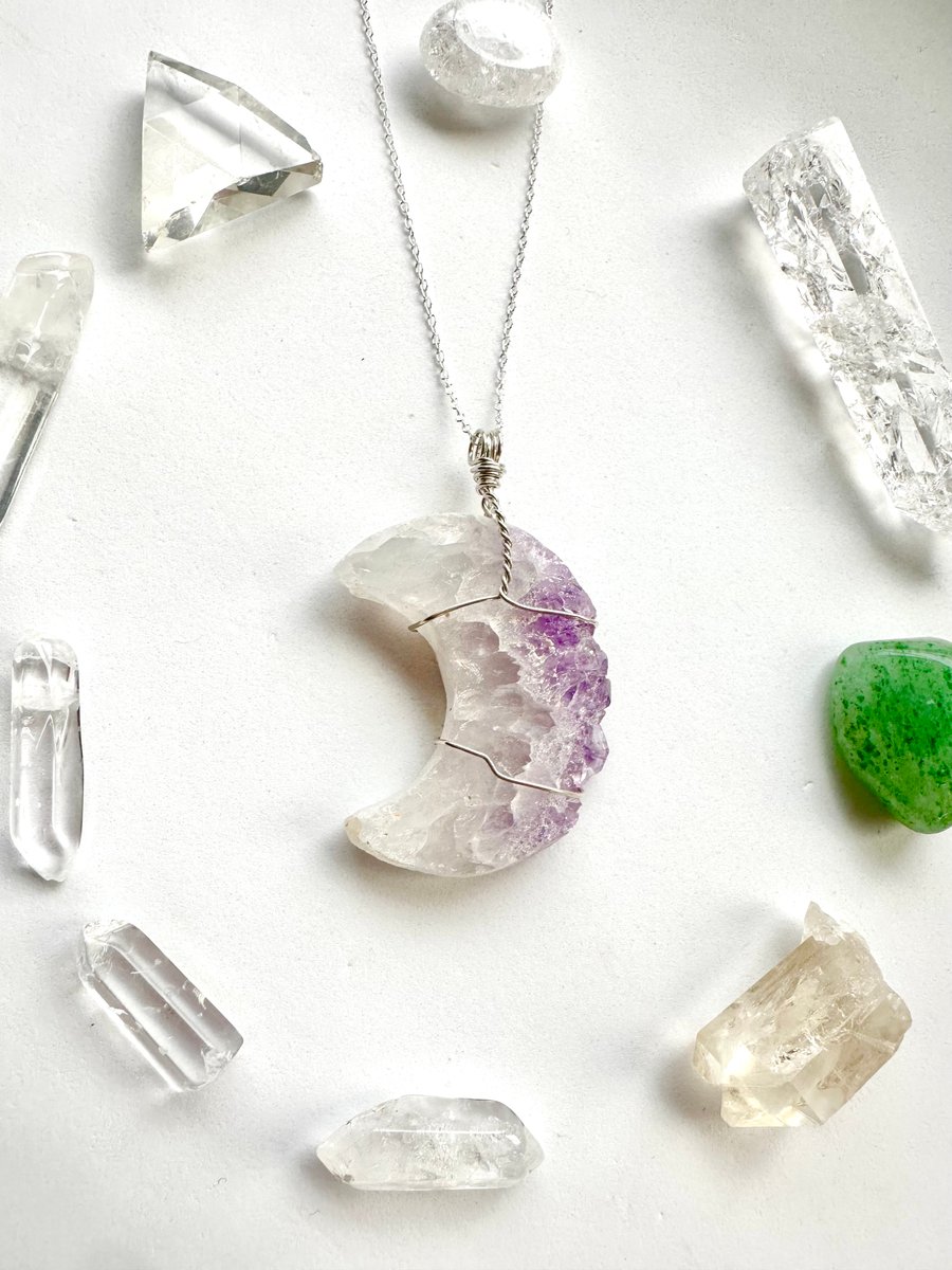 Amethyst Moon Crystal Necklace,Sterling Silver, Moon lover gift for her