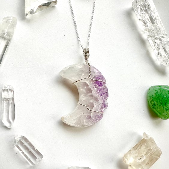 Amethyst Moon Crystal Necklace,Sterling Silver, Moon lover gift for her