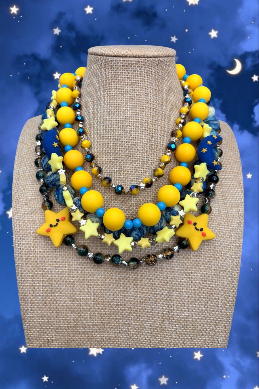 Maximalist blue & yellow moon & star themed beaded multi layer necklace 