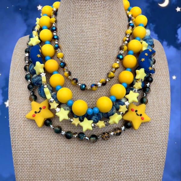 Maximalist blue & yellow moon & star themed beaded multi layer necklace 