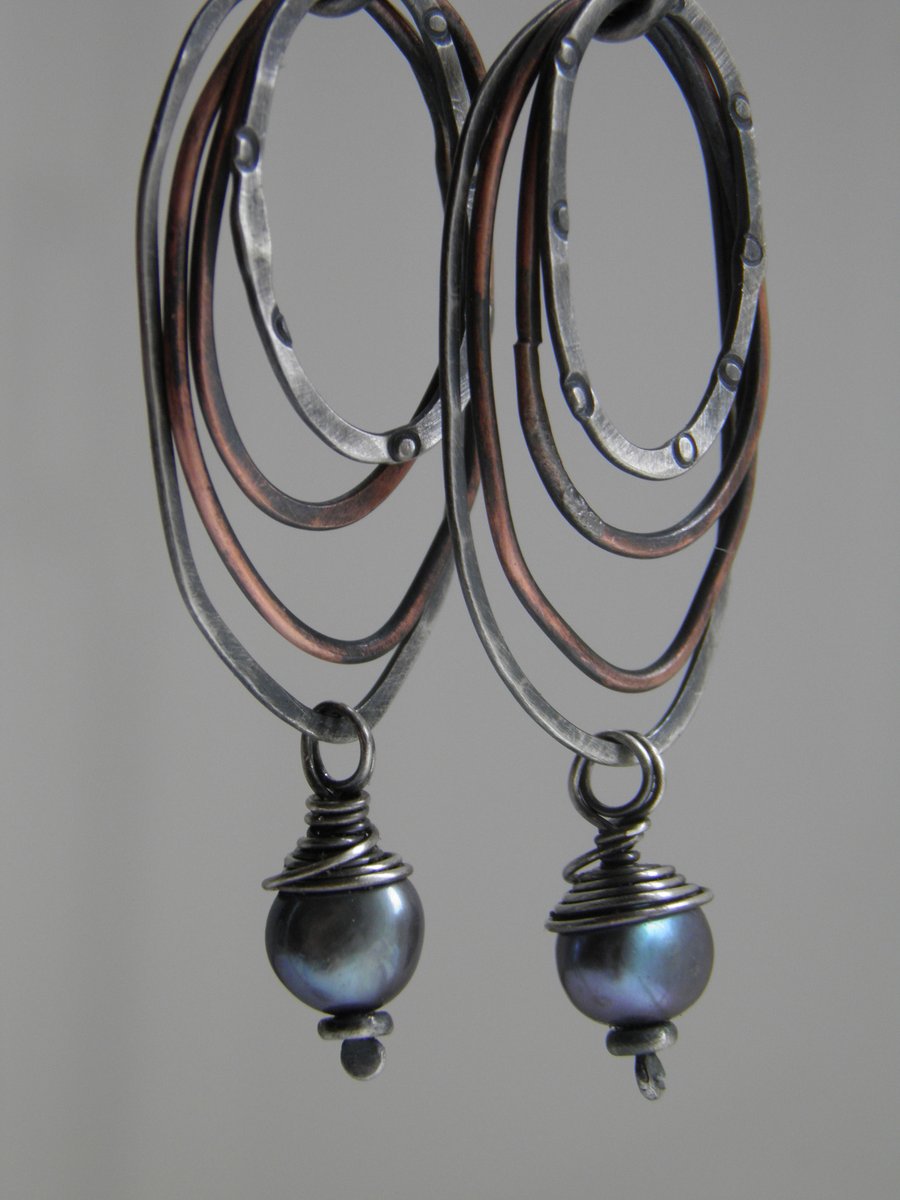 Black Pearl Earrings, Sterling Silver Earrings Mixed Metal Hoops 