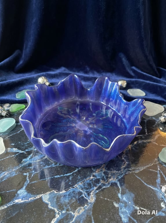 Deep Blue Marble Style Epoxy Resin Bowl with Gold Colour Rim