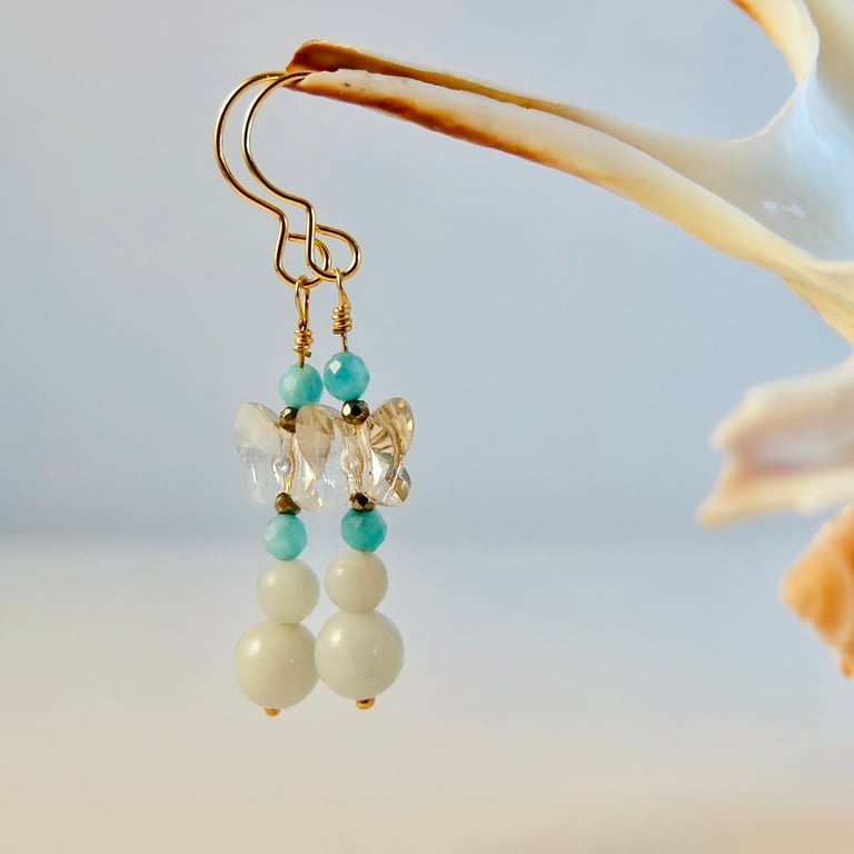 Amazonite Earrings With Swarovski Crystal Butterflies - Handmade In Devon