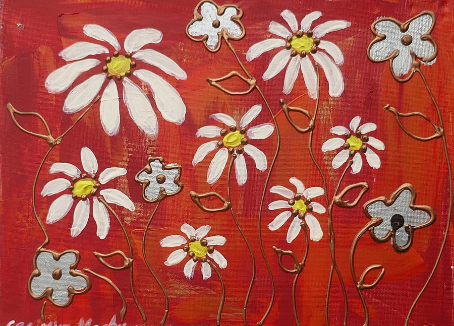 Daisy and Silver flower  acrylic painting on canvas 10" x 12"