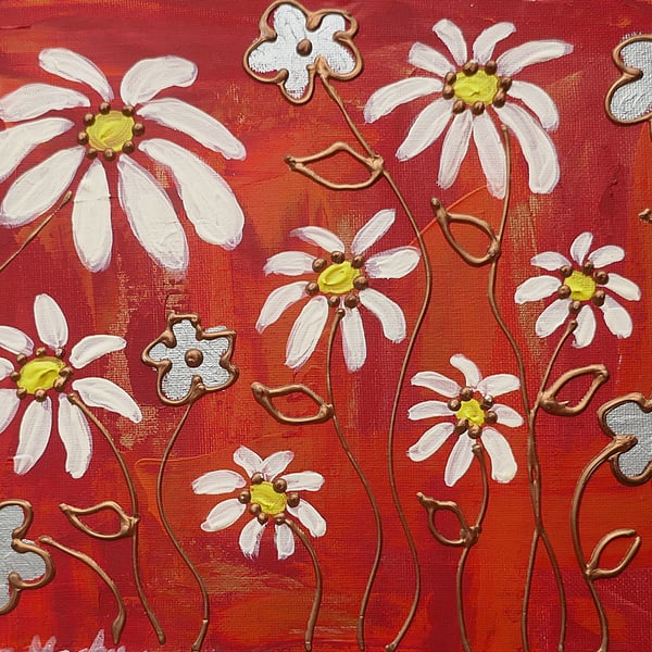 Daisy and Silver flower  acrylic painting on canvas 10" x 12"