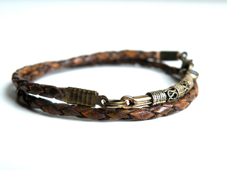 Braided Leather Wrap Bracelet brown antique gold plated