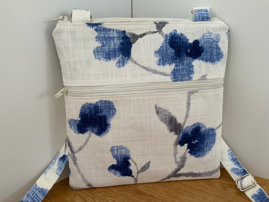 Cross Body Bag, Shoulder Bag, Hand Bag, Zipped Bag, Crossbody Bag, Blue Floral