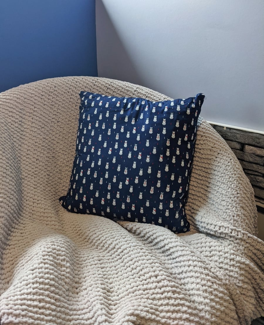 Navy with White Cat Print Cushion