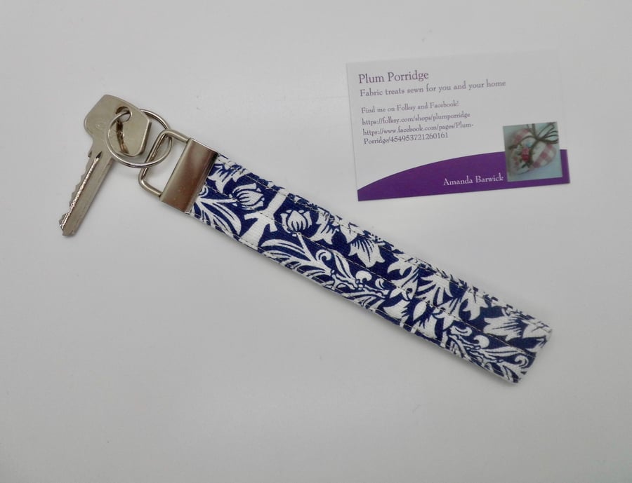 Key ring wrist strap in blue and white William Morris fabric