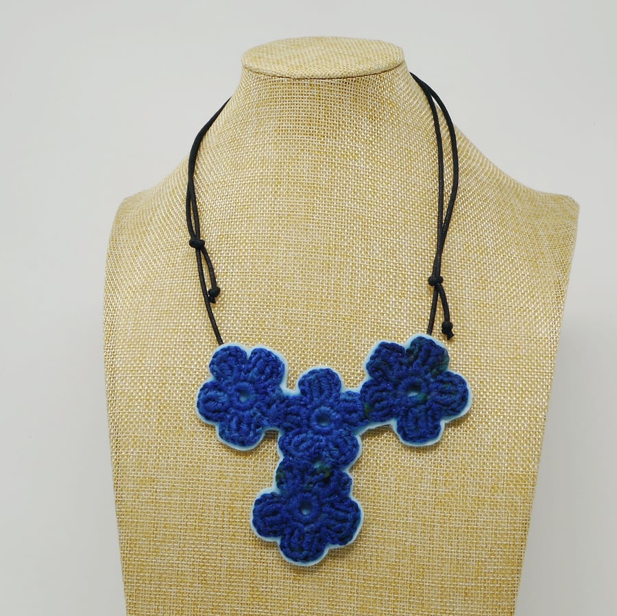 Bold crochet flower necklace in cobalt blue