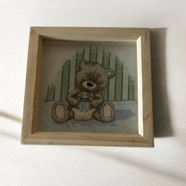Framed Teddy Bear Cross Stitch - Nursery Wall Art