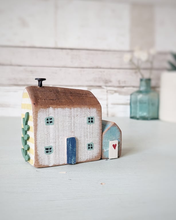 Little Handmade Painted Wooden House with Teeny Side Shed