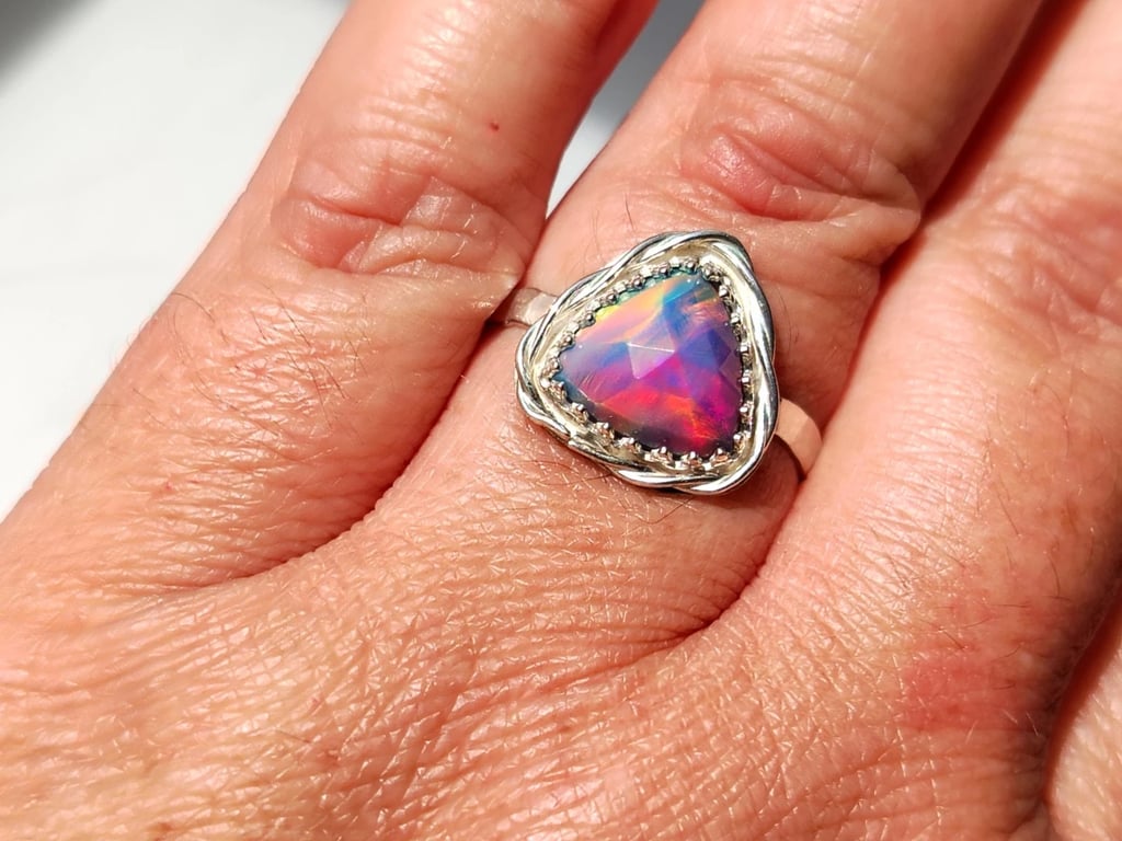 Aurora Opal Adjustable Ring Sterling Silver Sustainable Jewellery Gift Rose Cut