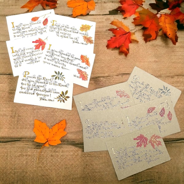 Set of 5 hand finished calligraphy scripture Thanksgiving cards Autumn leaves