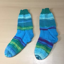 Hand Knit Odd Socks multicoloured blue green size 5-6