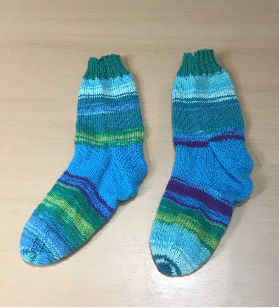 Hand Knit Odd Socks multicoloured blue green size 5-6