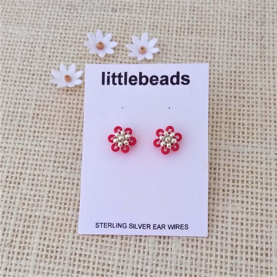 Red and Silver Flower Seed Beaded Sterling Silver Stud Earrings