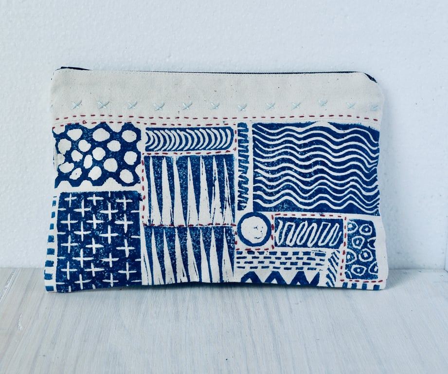 A unique hand printed pouch with hand embroidery made by Linda in Hampshire