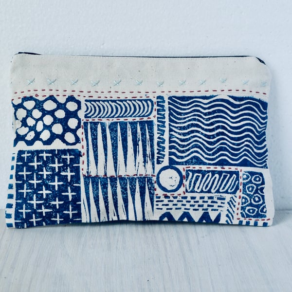 A unique hand printed pouch with hand embroidery made by Linda in Hampshire