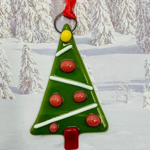 Handmade Fused Glass Xmas Tree Hanging Christmas Decoration 