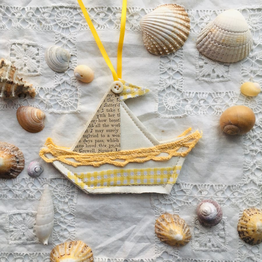 Wool felt hanging sail boat decoration - yellow 