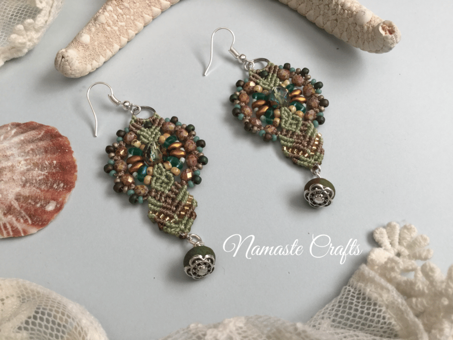Beautiful Delicate Macrame Beaded Earrings, lace, boho, chic, classy