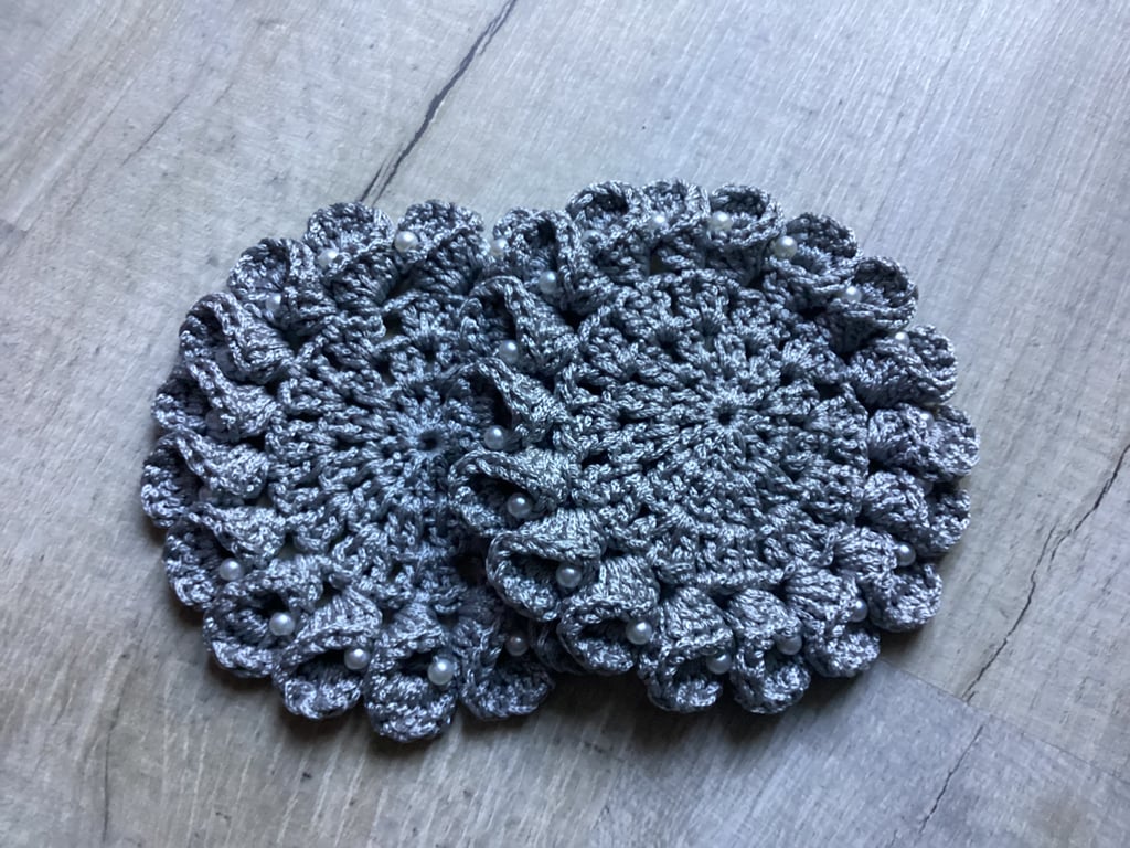 Coasters set of 2, crochet coasters, beaded coasters, grey.