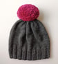 Bobble Hat in Grey Chunky Yarn with Pink Pom Pom - Image 2